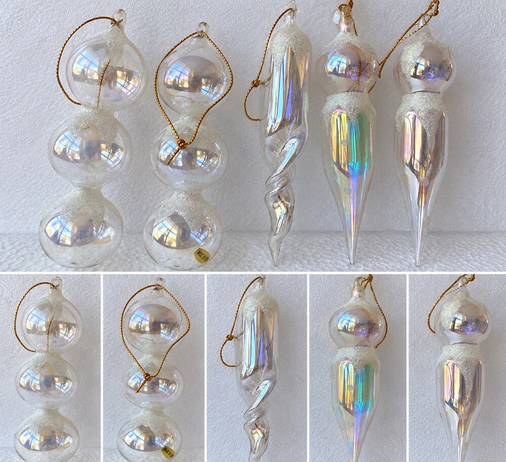 vintage-style iridescent glass Christmas ornaments, including multi-tiered ball